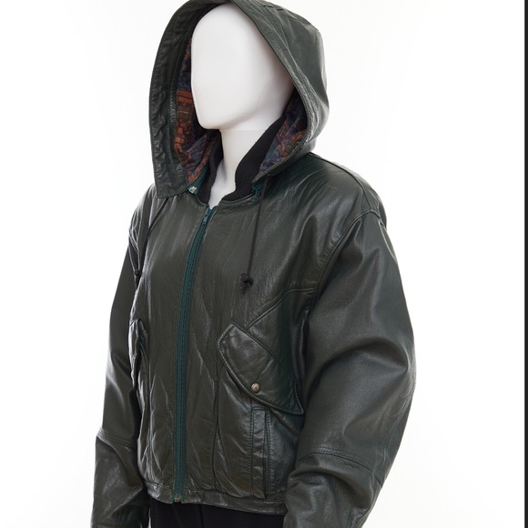 80’s Green leather bomber jacket with hoodie - Picture 2 of 9
